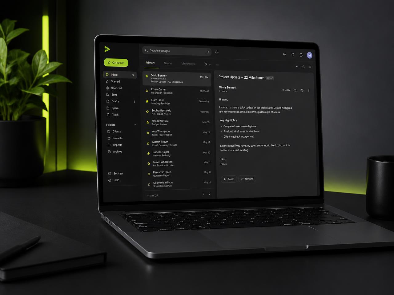 Dark laptop showing a managed business email inbox